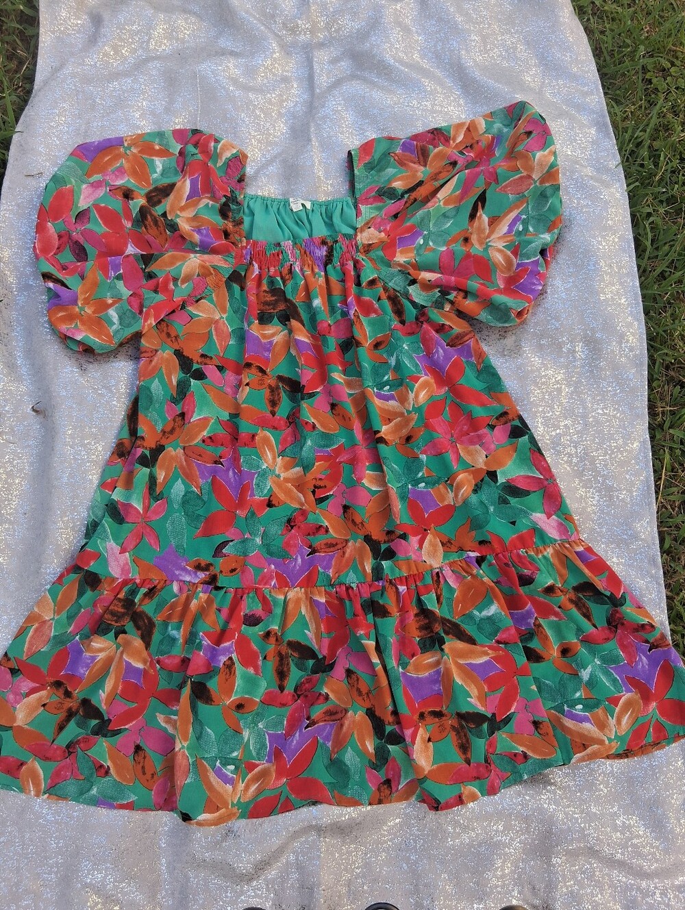 Vibrant Floral Off-Shoulder Puff Sleeve Dress - Green, Orange, Pink